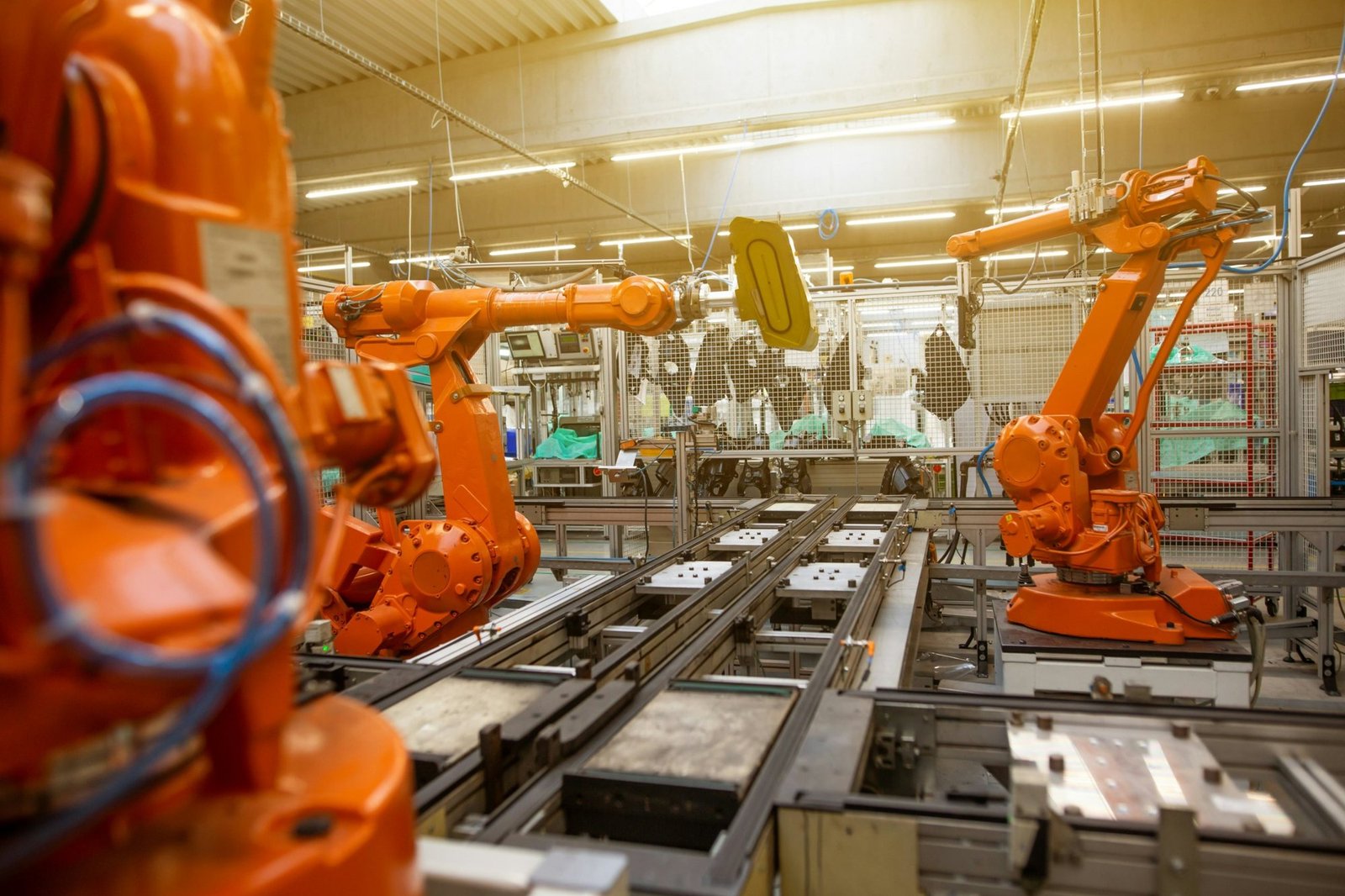 Industrial robot arms working along a production line
