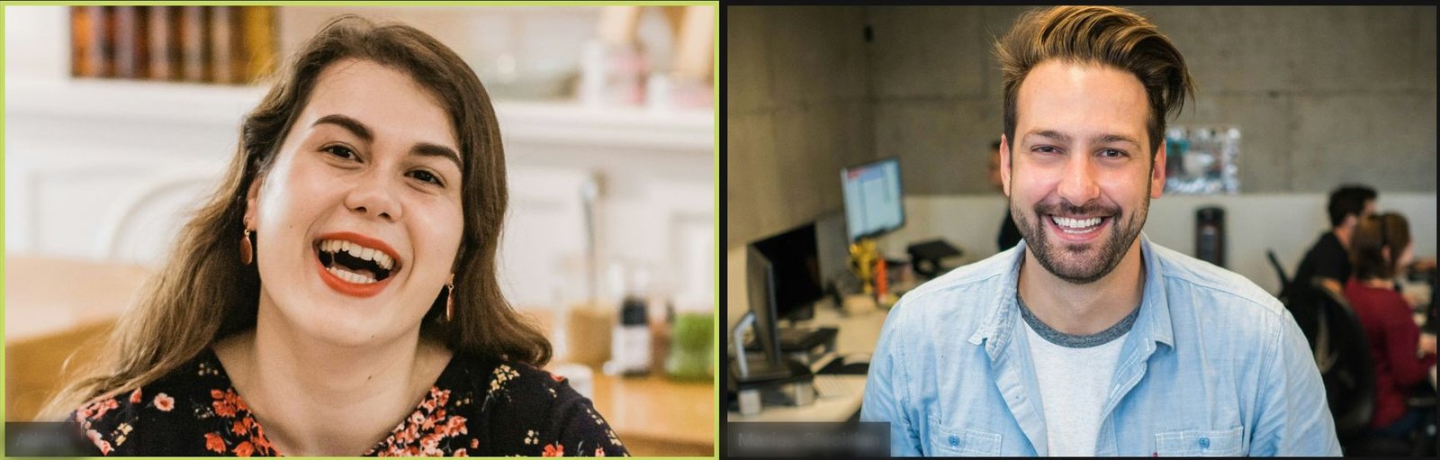 Two people smiling on a video call